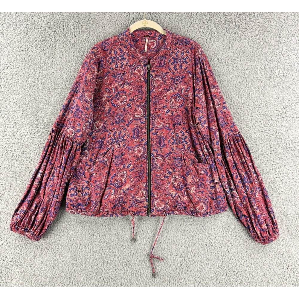 Free People Bomber Jacket Women M Red Paisley Floral Bell Sleeve Zip Boho Medium